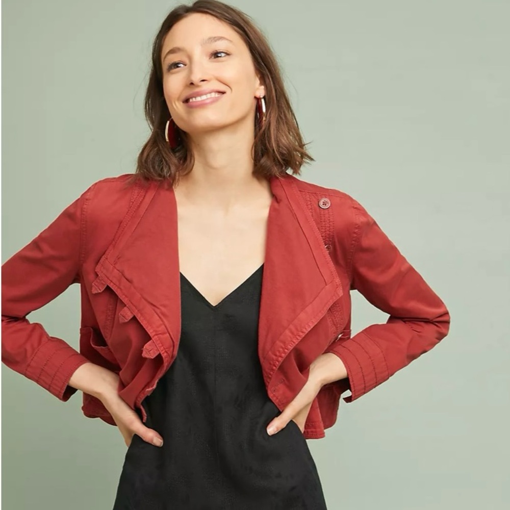 Anthro Marrakech Henna Moto Jacket Crop Rust Brick Buttons Asymmetrical 8 10 M